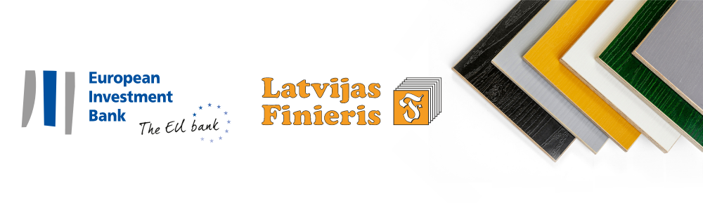 European Investment Bank logo and Latvijas Finieris logo and plywood products